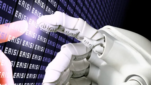 Menselijke vinger raakt robotvinger voor donkere achtergrond met tekst.