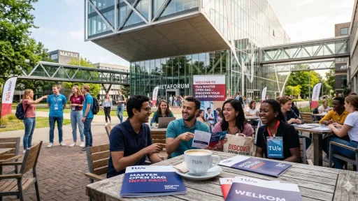 Groep studenten zit lachend buiten aan een tafel bij een moderne universiteit.