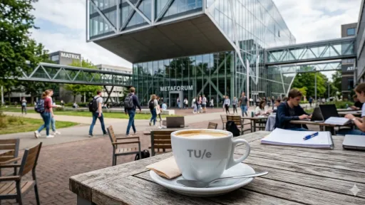 Koffiekopje op houten tafel buiten bij moderne glazen universiteitsgebouwen, mensen lopen langs.