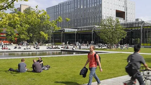 Studenten relaxen op een grasveld bij een modern universiteitsgebouw op een zonnige dag.