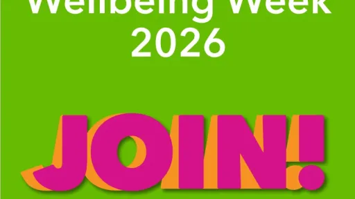 Groene achtergrond met tekst "Wellbeing Week 2026" en groot "JOIN!" in roze.