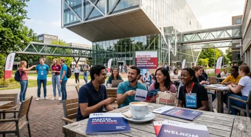 Groep studenten zit lachend buiten aan een tafel bij een moderne universiteit.