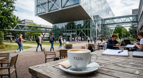 Koffiekopje op houten tafel buiten bij moderne glazen universiteitsgebouwen, mensen lopen langs.
